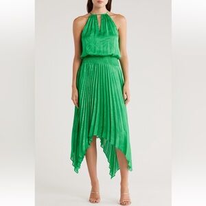 Ramy Brook Gia Palm Print Metallic Satin Jacquard Handkerchief midi Dress NWT